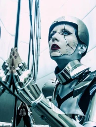 Model with robotic face makeup and silver helmet wearing a metallic futuristic collar and armor looking upward.