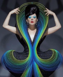 Model with towering black beehive hair wearing structural black dress with radiating blue, green, and yellow rings by Nicholas Gonzalez