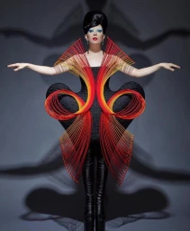 Model in avant-garde structured black dress with red and yellow radiating collar and tall beehive updo against a grey studio backdrop