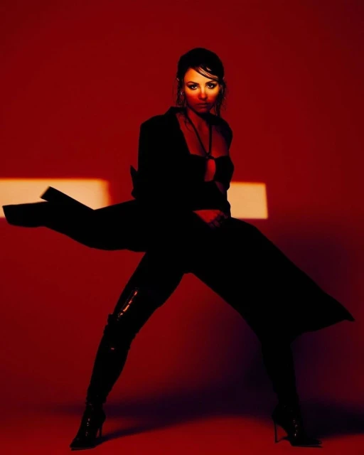 Woman strikes a dynamic pose in a black coat and high-heeled boots against a red backdrop with studio lighting, creating a dramatic effect.