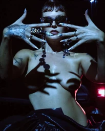 A woman wearing dark sunglasses, silver claw-like fingernails, and statement jewellery framing her face with both hands.