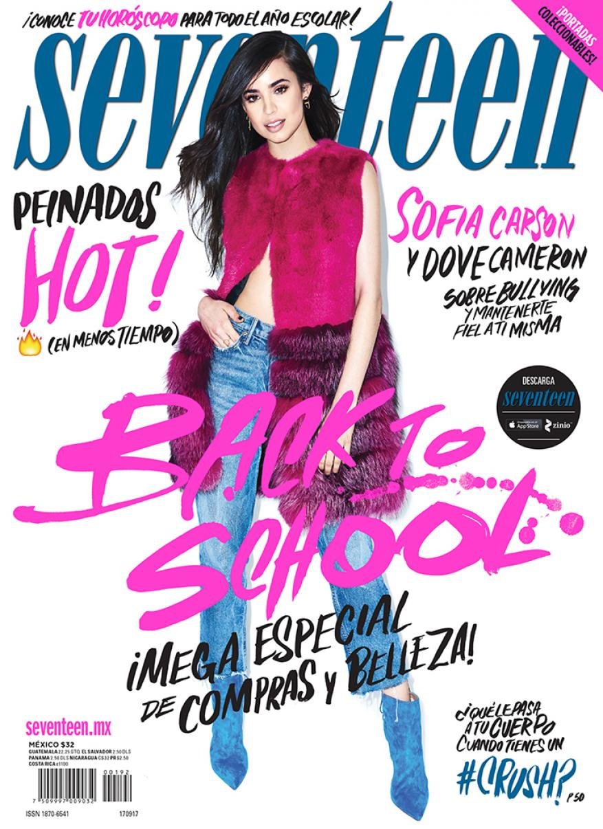 Magazine cover featuring Sofia Carson, denim jeans and blue suede boots, with pink 'Back to School' text on a white background.
