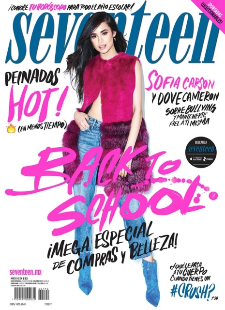 Magazine cover featuring Sofia Carson, denim jeans and blue suede boots, with pink 'Back to School' text on a white background.
