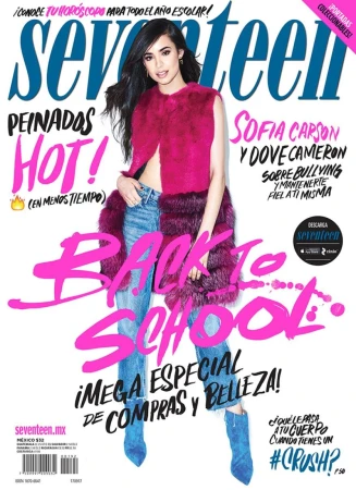 Magazine cover featuring Sofia Carson, denim jeans and blue suede boots, with pink 'Back to School' text on a white background.