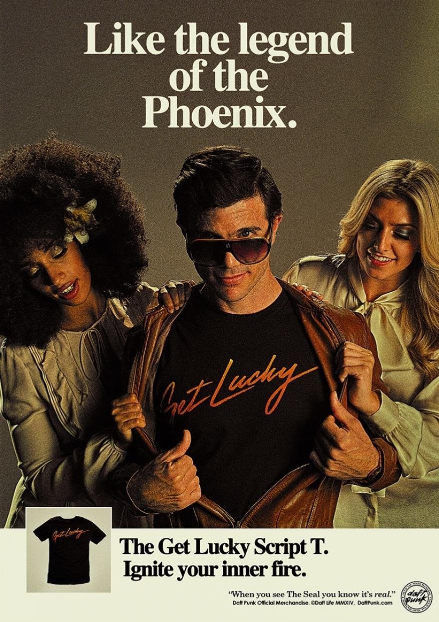 Stylish studio shot of a man in a 'Get Lucky' shirt, flanked by two smiling women, capturing a retro fashion vibe and musical theme.