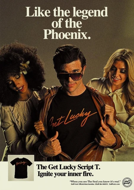 Stylish studio shot of a man in a 'Get Lucky' shirt, flanked by two smiling women, capturing a retro fashion vibe and musical theme.