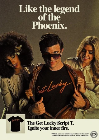 Stylish studio shot of a man in a 'Get Lucky' shirt, flanked by two smiling women, capturing a retro fashion vibe and musical theme.