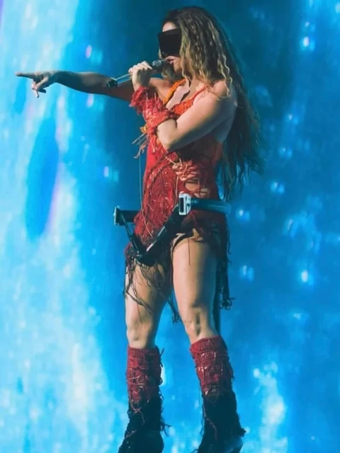A person in a red, fringed outfit stands on a stage with a microphone, pointing to the left against a backdrop of blue lights.
