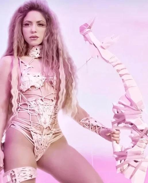 Artistic shot of Shakira posing with a geometric bow and arrow, wearing a unique nude-tone bodysuit against a pastel gradient backdrop.