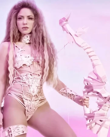 Artistic shot of Shakira posing with a geometric bow and arrow, wearing a unique nude-tone bodysuit against a pastel gradient backdrop.