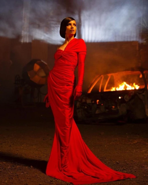 Elegant woman in a red gown stands near a burning car against a dimly lit, apocalyptic background, creating a striking contrast.