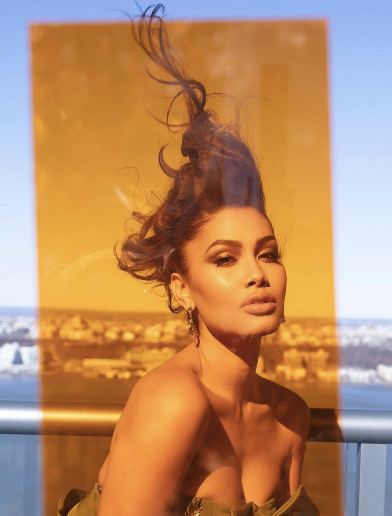 Portrait of an adult woman with elaborate hair and partial window frame in foreground; blurred cityscape visible in background on clear day.