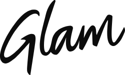 Monochromatic close-up of 'Glam' word art in elegant, flowing script, set against a solid black backdrop, emphasizing beauty and style.