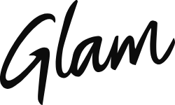 Monochromatic close-up of 'Glam' word art in elegant, flowing script, set against a solid black backdrop, emphasizing beauty and style.