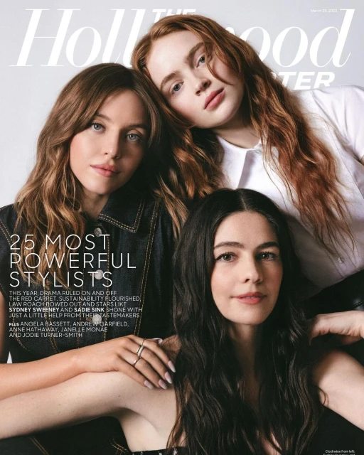Magazine cover featuring Sydney Sweeney, Sadie Sink, and Jodie Turner-Smith, styled as powerful stylists, captured in a close-up shot.