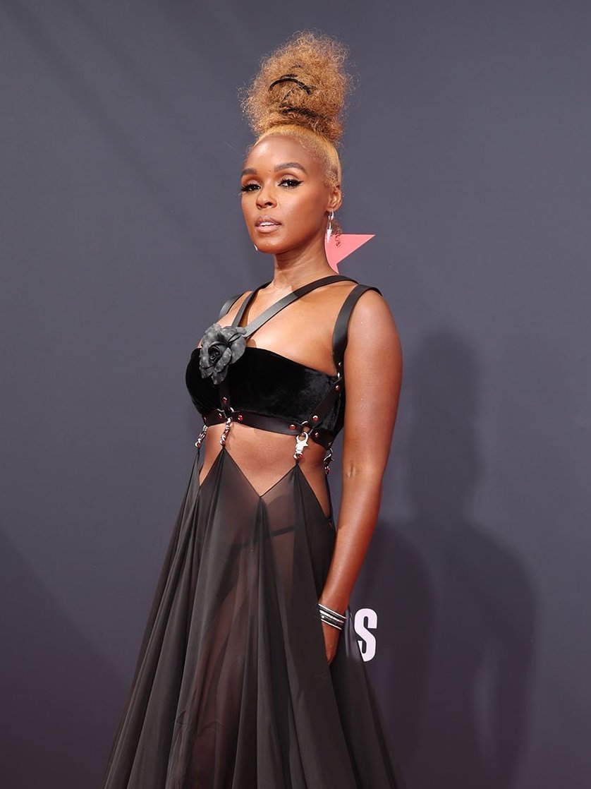 Singer Janelle Monáe poses in an elegant black semi-sheer dress on a grey carpet for celebrity and entertainment event, portrait view.