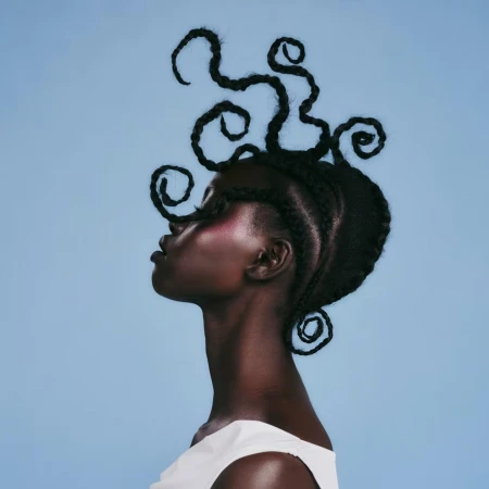 Black woman in profile with sculptural braided hair and white top against blue background by Nikki Nelms