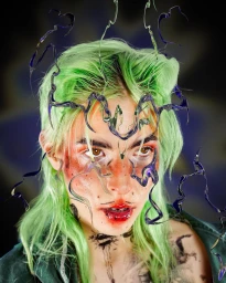 Portrait of a person with vibrant green hair and red makeup, adorned with glossy digital tendrils around their face.