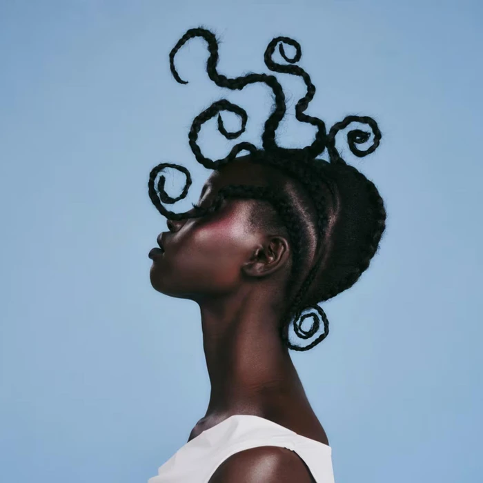 Black woman in profile with sculptural braided hair and white top against blue background by Nikki Nelms