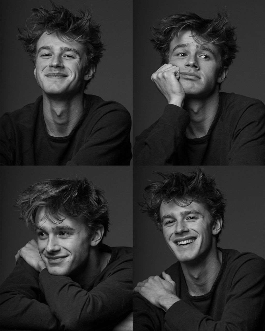Black-and-white multi-panel portrait of a young man with tousled blond hair, displaying a range of facial expressions against a grey backdrop.