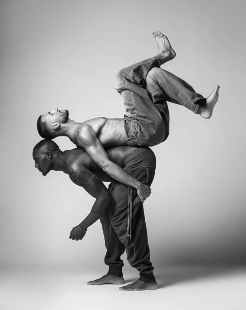 Black and white studio shot of two athletic adult males interacting, one giving the other a piggyback ride in a plain setting.