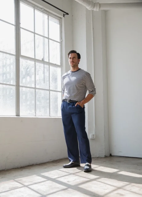 Man in striped shirt and blue pants stands near window in brightly lit white room, casual pose, gazing to his right, indoor setting.