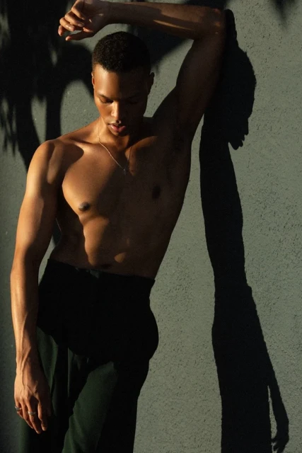 Portrait of a shirtless adult male with dark hair, standing against a wall with shadow patterns in an outdoor setting.