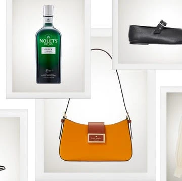 Product shot featuring an assortment of items including a handbag, a gin bottle, and a mary jane shoe displayed in white shelves.