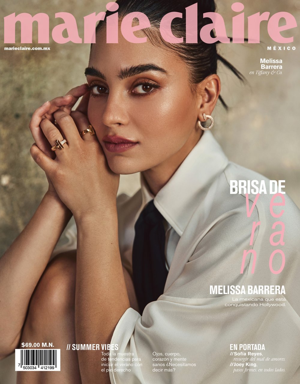 Marie Claire Mexico cover featuring Melissa Barrera wearing a white shirt and tie. The cover has the Marie Claire masthead.