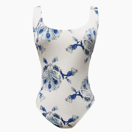 White one-piece swimsuit with a blue floral pattern, displayed on a white background, suitable for fashion and swimwear themes.