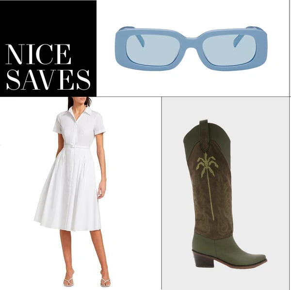 Fashion layout featuring a woman in a white dress, blue-framed sunglasses, and green cowboy boots on a white background.