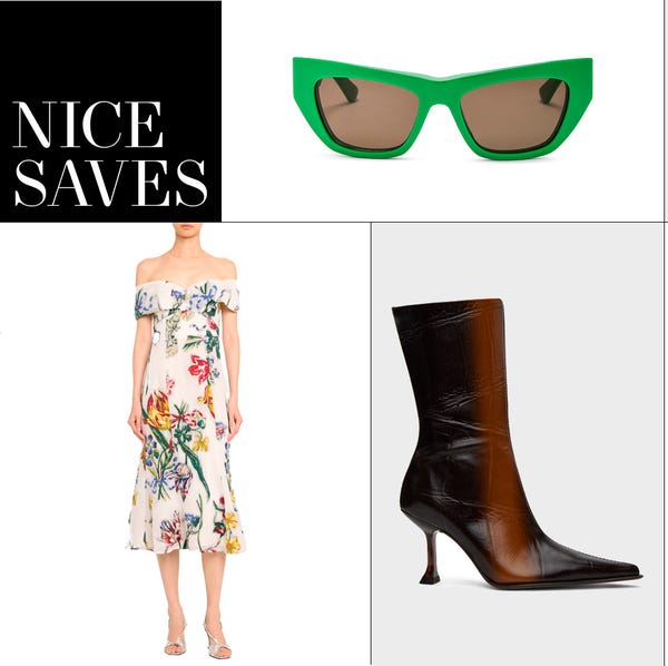 Collage of fashion items: floral dress with off-the-shoulder sleeves, green sunglasses, and a pointed-toe brown leather heeled boot.