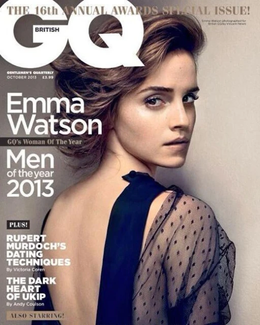Emma Watson poses on the cover of British GQ, October 2013. She is wearing a sheer, polka-dot top and is shot in a close-up, portrait orientation.