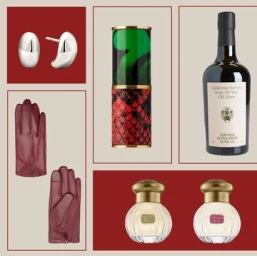 A still life product collage featuring silver earrings, burgundy leather gloves, perfume bottles, and an olive oil bottle.