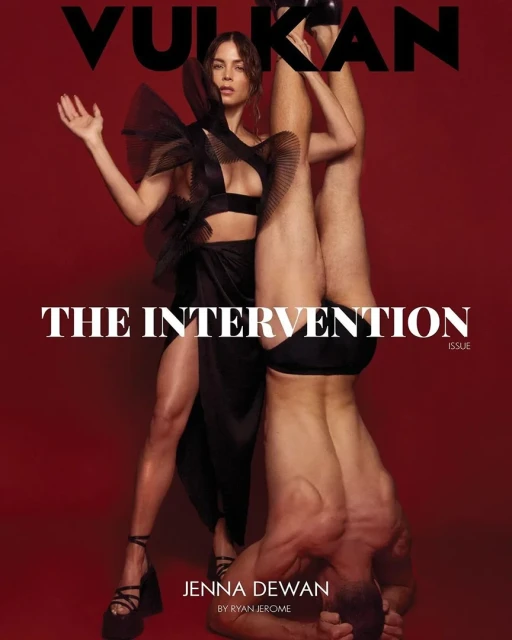 Magazine cover featuring Jenna Dewan in a black dress with tulle detail, alongside a man doing a handstand on a red background.
