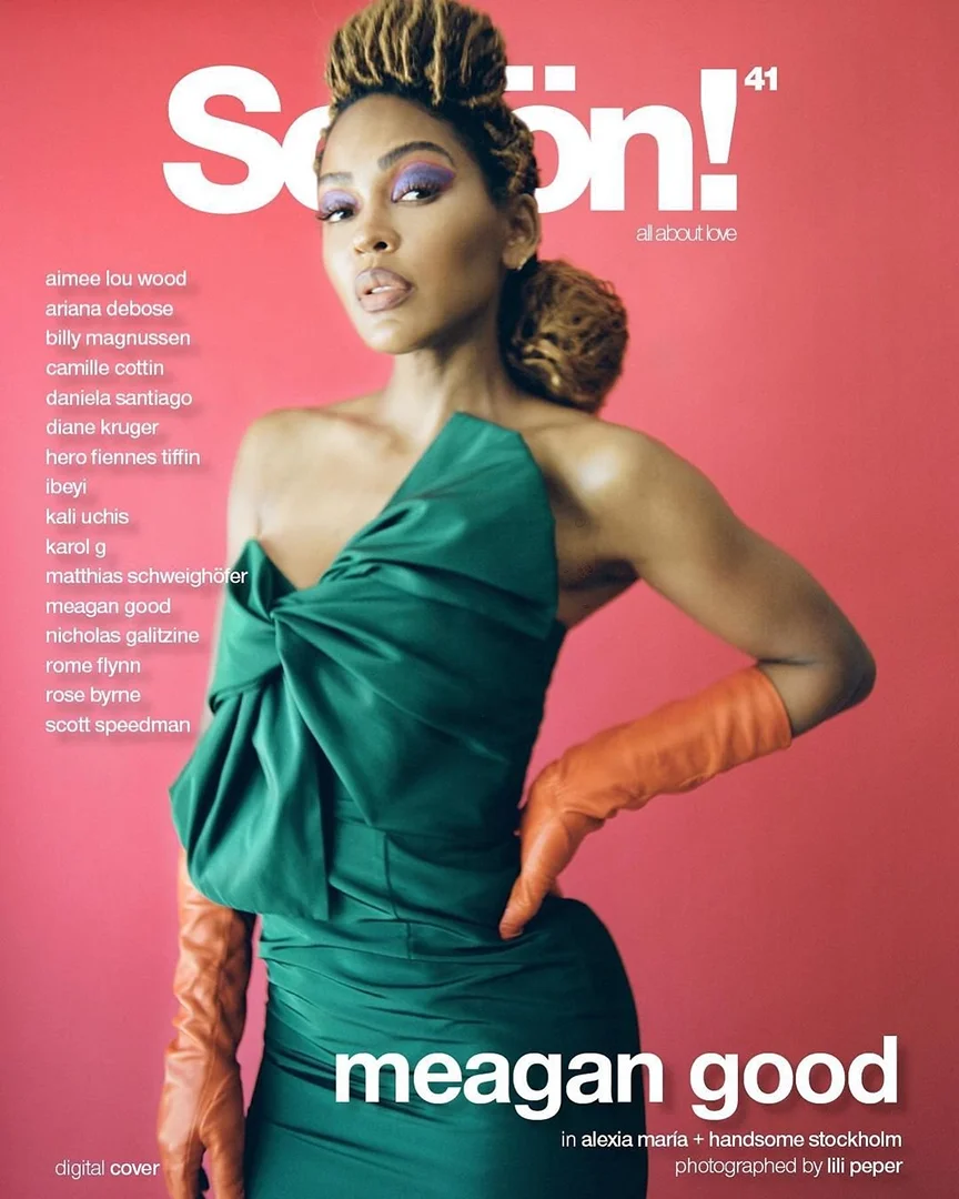 Magazine cover featuring Meagan Good in a green dress and long orange gloves against a pink backdrop. Beauty and fashion editorial photography.