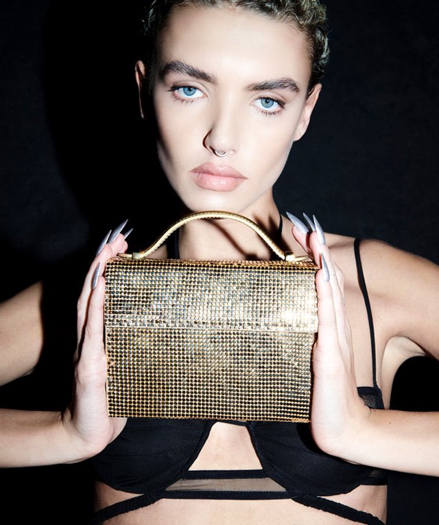 Close-up of a woman holding a golden purse, wearing a black top against a dark background, creating a glamorous and elegant fashion statement.