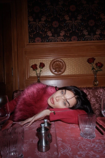 An adult woman with fur shawl poses at a restaurant table with a red tablecloth, glasses, salt shakers, and dark floral wallpaper.