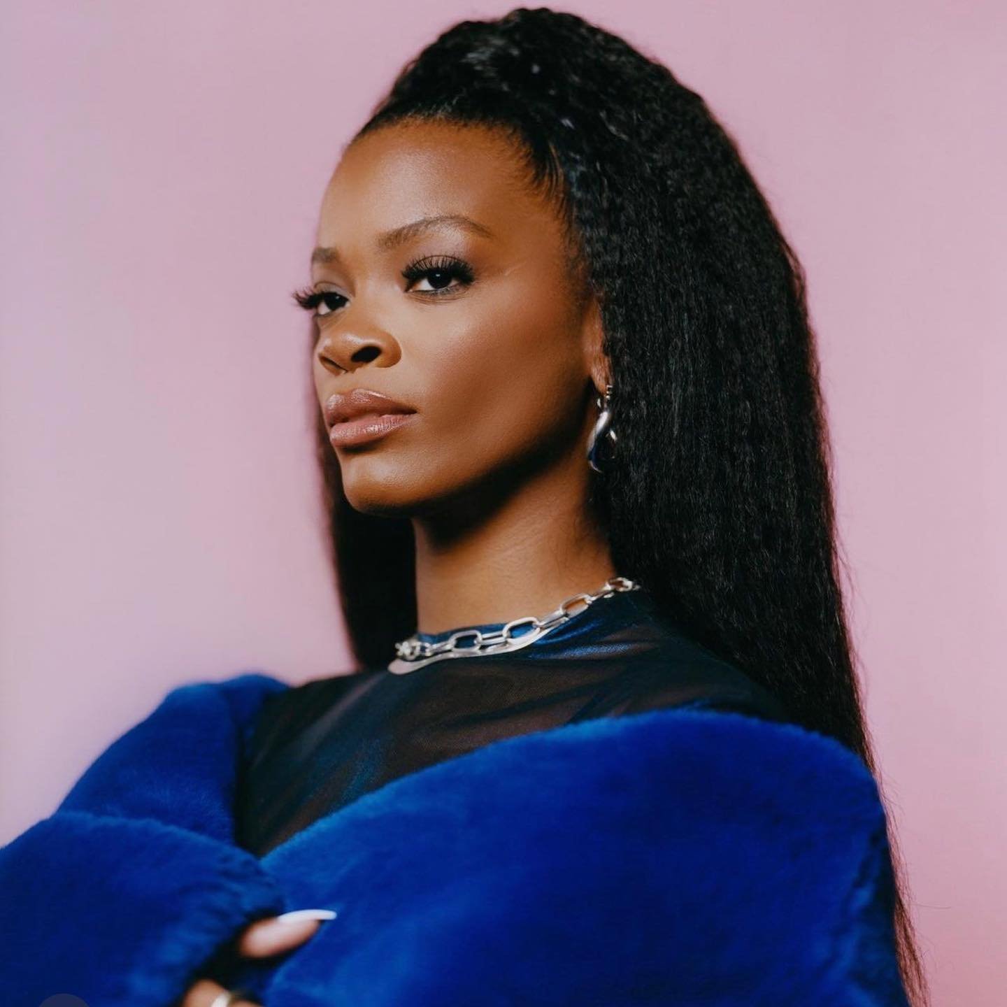 Portrait of a black woman with dark textured hair in a high ponytail wearing a blue faux fur coat against a pink background in studio lighting.