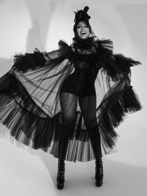 Black-and-white portrait of a smiling adult female wearing a black frilled tulle outfit, fishnet stockings, and high-heeled platform boots.