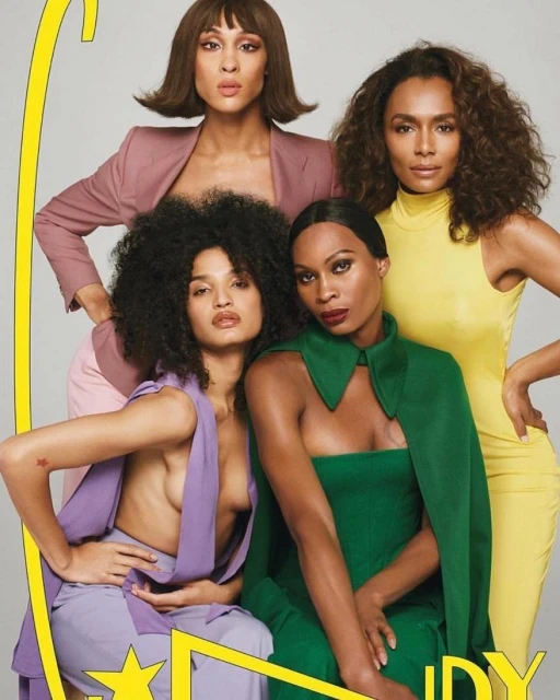 A fashion-style portrait features four African American adult females posing in front of a neutral background, wearing colorful modern clothing.