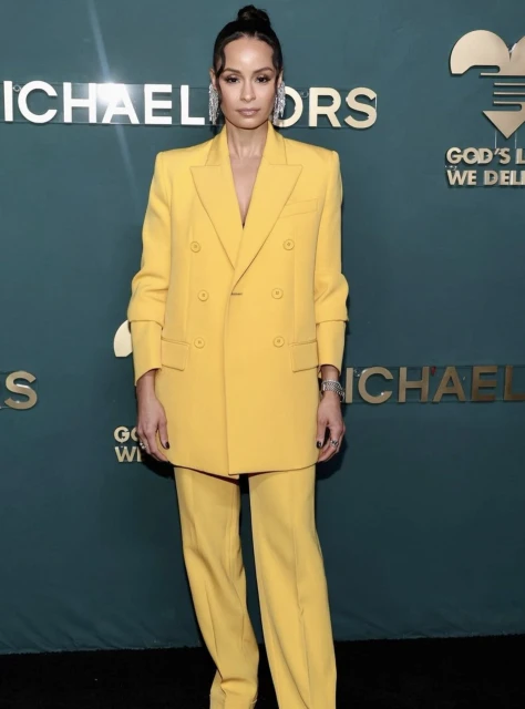 A woman in a bright yellow double-breasted pantsuit poses on a red carpet at a formal event with sponsor logos in the background.