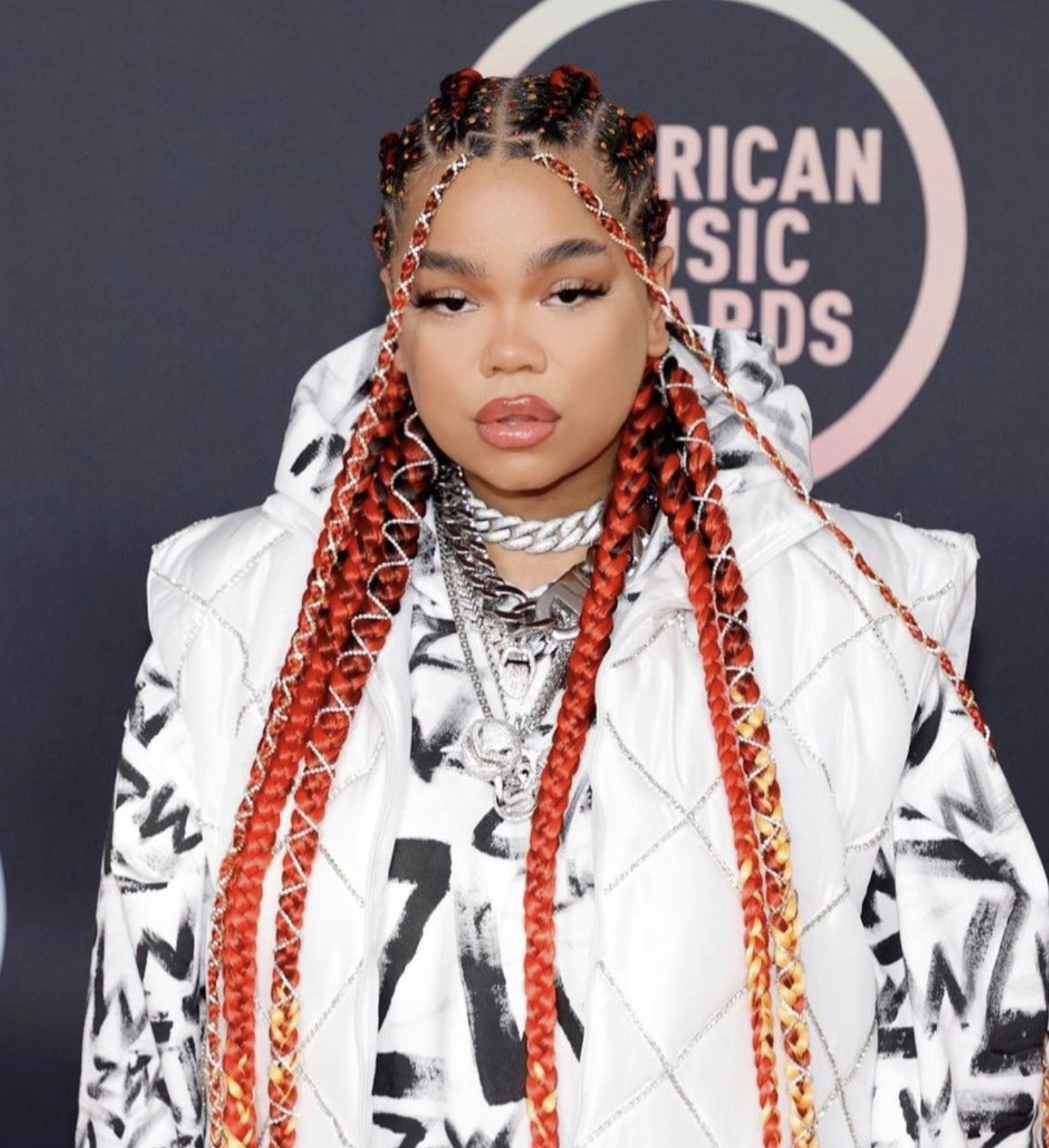 Portrait of a stylish adult female with long braided hair posing on a red carpet at the American Music Awards. She wears a hooded sweatshirt and jewelry.