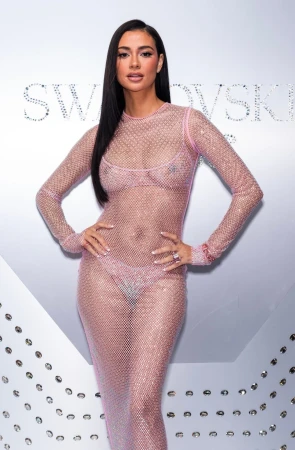 Woman wearing a sheer crystal-embellished pink mesh long-sleeve dress posing against a branded white background.