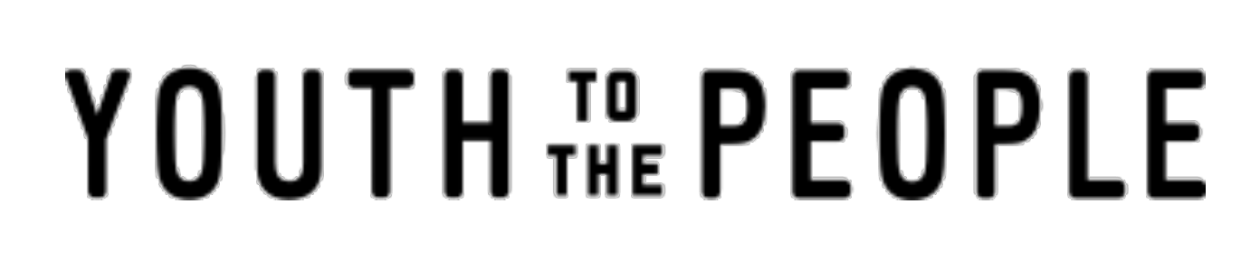 Studio shot of a white outlined text graphic with the words Youth To The People on a black backdrop.