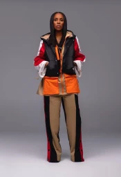 Full-length studio portrait of a woman wearing a color-blocked puffer vest and matching trousers against a plain grey background