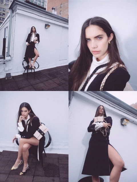 Collage of a woman in a black and white outfit, posing on a rooftop with a neutral-toned handbag, with both full body and close-up shots.