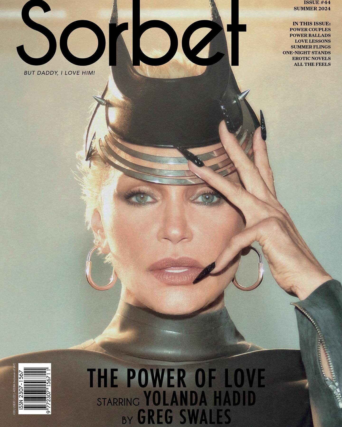 Magazine cover featuring Yolanda Hadid with decorative headpiece and long nails. The title 'Sorbet' is at the top of the frame.