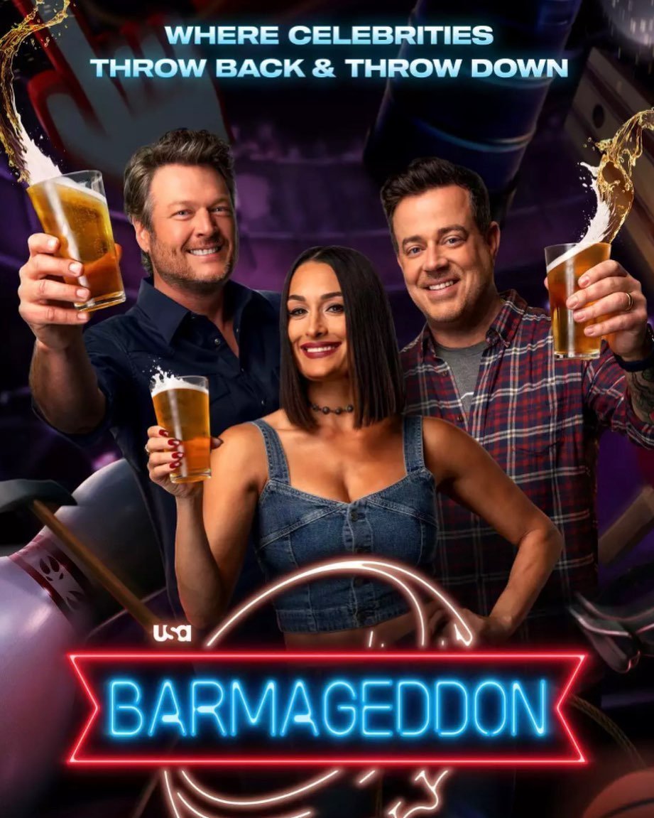 Promotional image for 'Barmageddon' featuring Blake Shelton, Nikki Bella, and Carson Daly raising beer glasses with a neon logo.