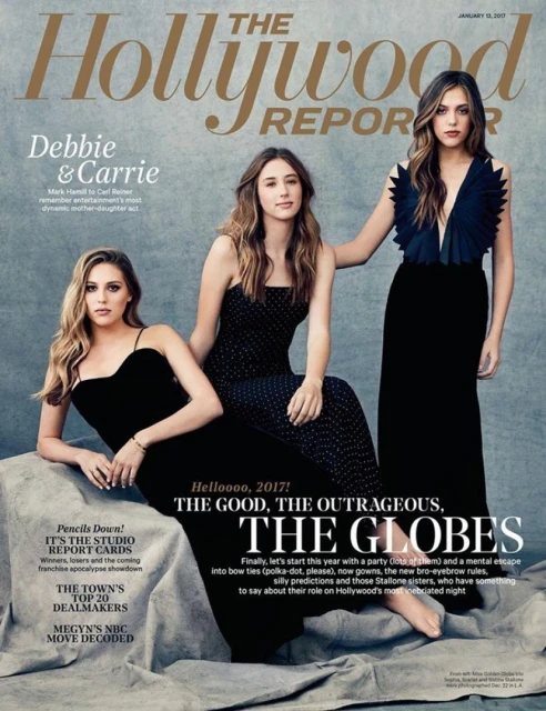 The Hollywood Reporter magazine cover features three female celebrities in formal gowns posing against a neutral backdrop with cover text.